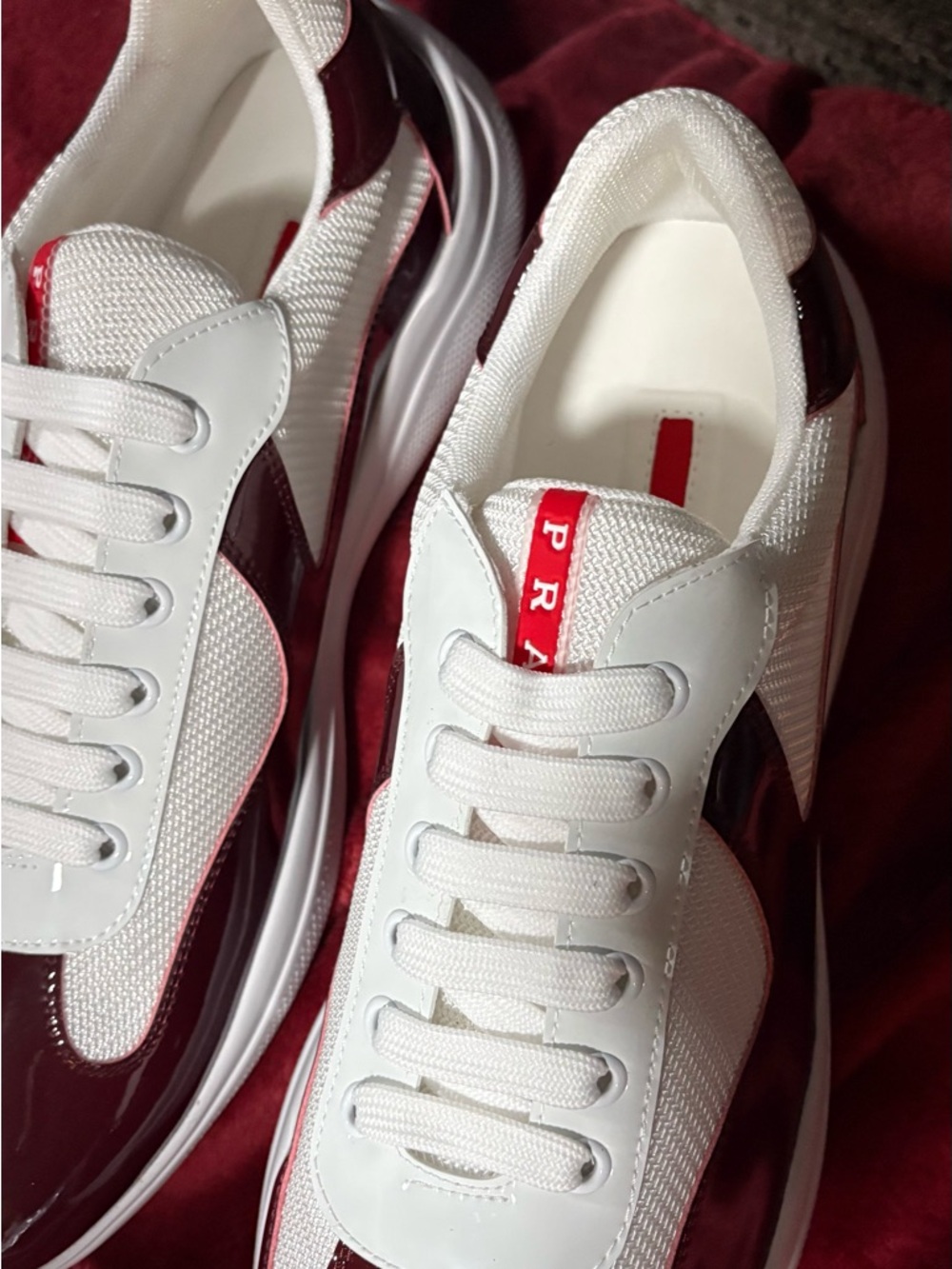 Prada White and Burgundy Low-Top Men's Sneakers - Picture 5 of 6